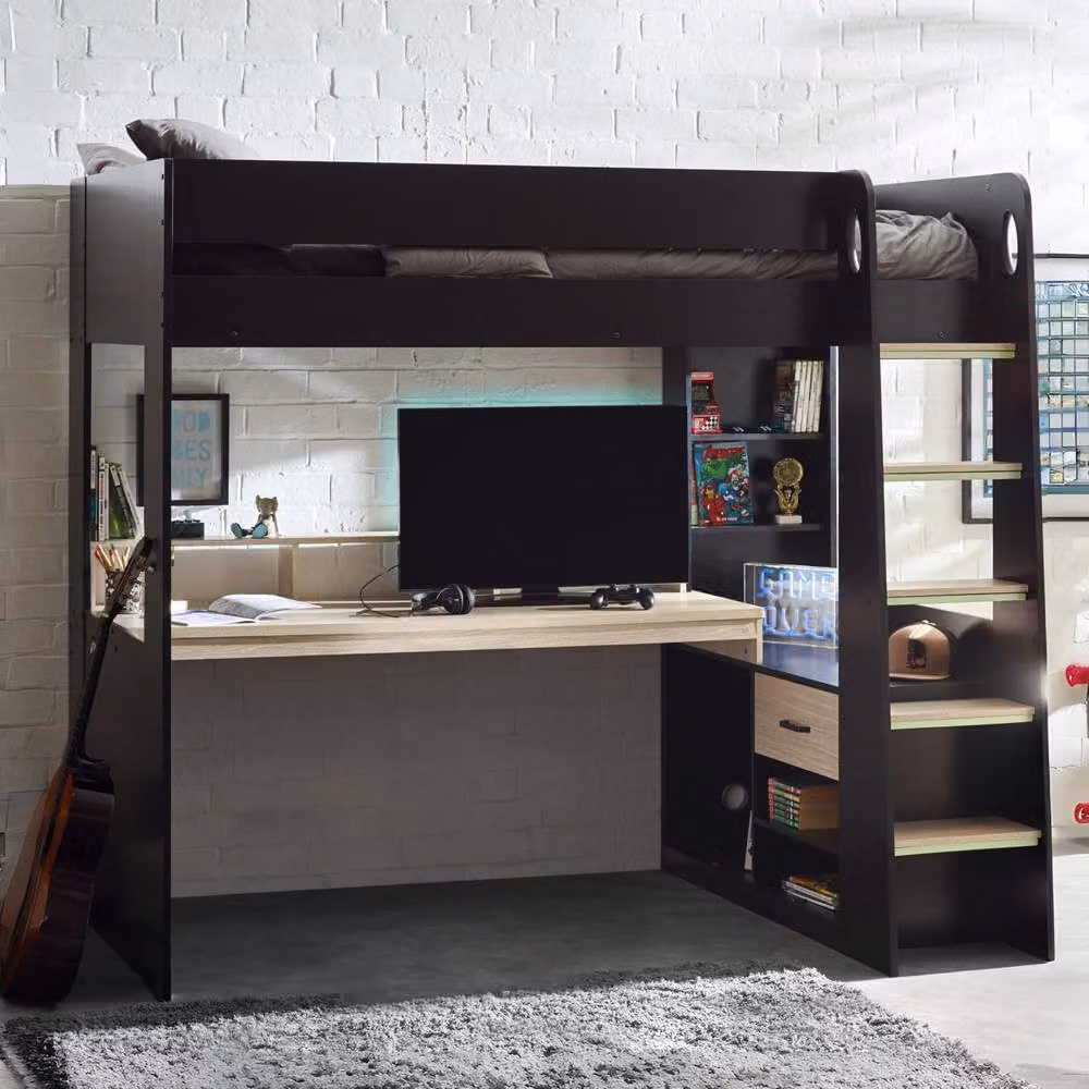 Cheshire Elm Single Gaming Highsleeper Bed in Black and Pale Wood with USB Charging Port and Stairs, W/D/H: 90 x 200 cm – 4