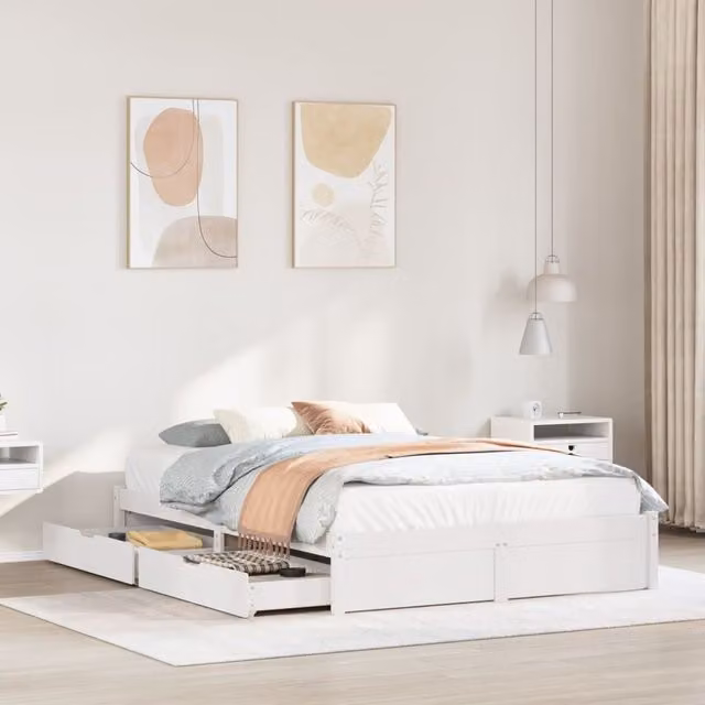 Berkfield Home White Solid Wood Pine Bed Frame with Drawers W/D/H: 160 x 200 cm