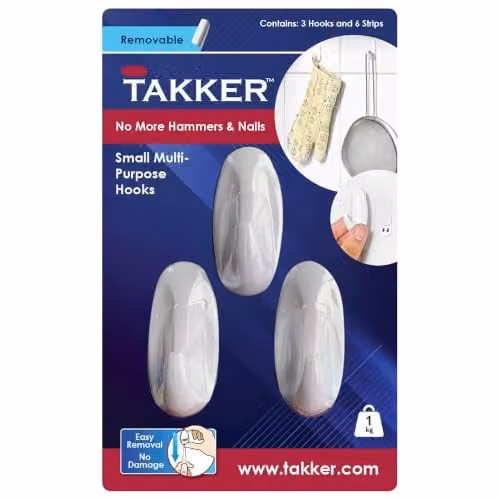 Takker White Multi-Purpose Adhesive Wall Hooks with 4 Strips, Holds Up to 1 kg – 1