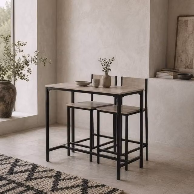 Wyld Haus Noro 3 Piece Industrial Breakfast Bar Set in Natural Wood and Black – 1
