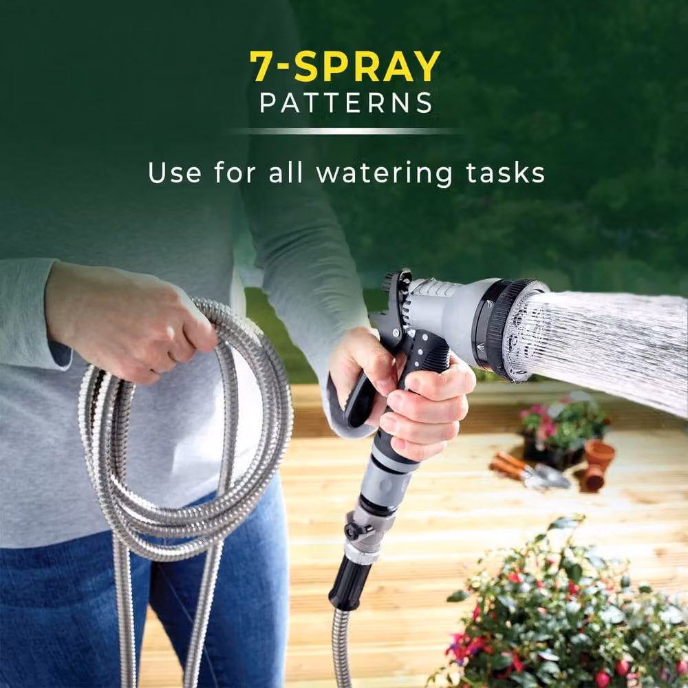 Victor Tools Stainless Steel Garden Hose with Spray Nozzle and Storage Bag, Silver and Multicolour, 30m – 6