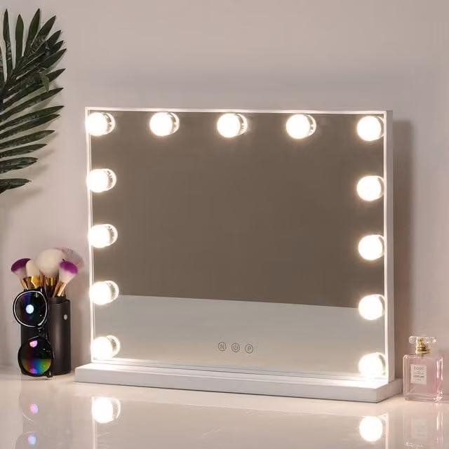 Livingandhome Glamour Hollywood Tabletop Rectangular Mirror in White, W/D/H: 54 x 54 x 42 cm