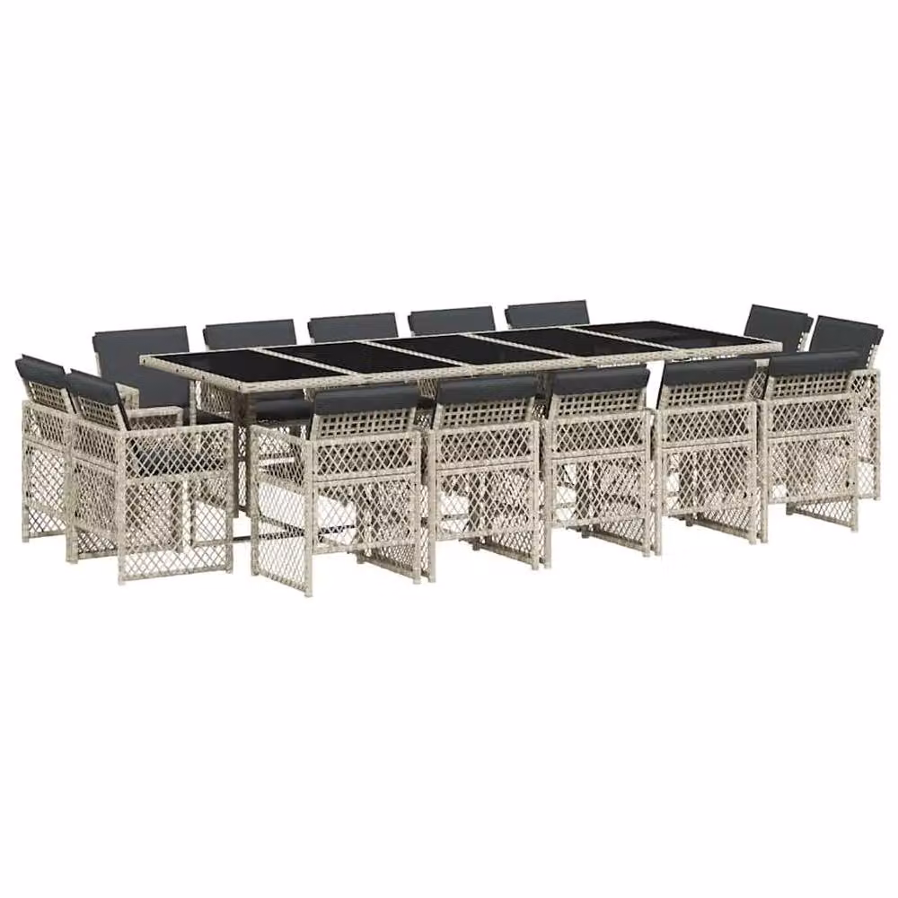 Berkfield Home 15 Piece Modern Garden Dining Set with Light Grey Poly Rattan and Glass Tabletop – 2