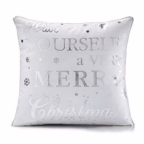 Jansons Direct Linens Luxury Living White Velvet Christmas Cushion with Silver Trim, W/D/H: 45 x 45 x 45 cm