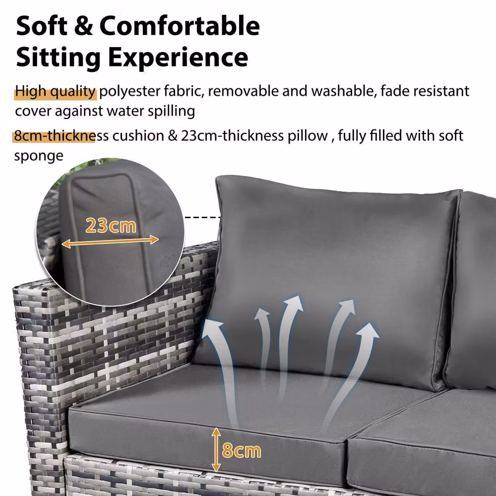 BTM Grey L-Shape Outdoor Rattan Sofa Set with Coffee Table, Ottomans and Upholstered Cushions – 5