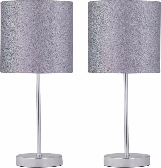 First Choice Lighting Set of 2 Chrome Table Lamps with Grey Fabric Shades – 1