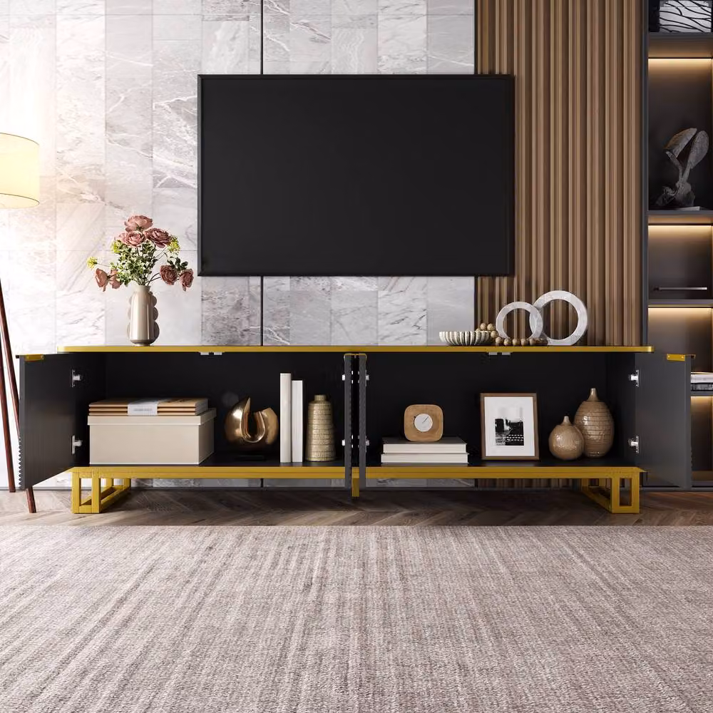 Merax Modern Black TV Stand with 4 Doors and Metal Base, W: 160 cm, D: 48 cm, H: 48 cm – 3