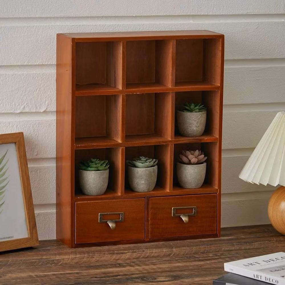 Kelvenix Brown Wooden Desktop Storage Organizer with 9 Cubbies and 2 Drawers – 5