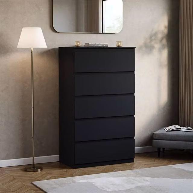 PAWNORA Modern 5 Drawer Chest of Drawers in Black
