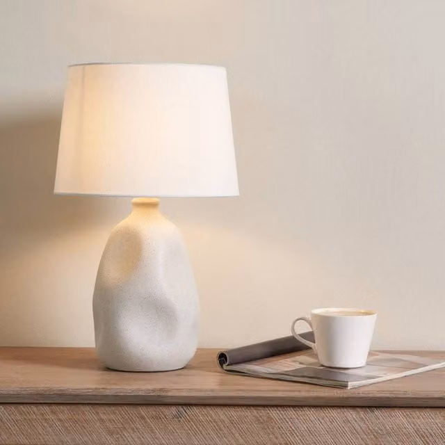 Pagazzi Sanders Ceramic Table Lamp in Beige and White with Fabric Shade, H 50.0 x W 23.0 x D 23.0 cm