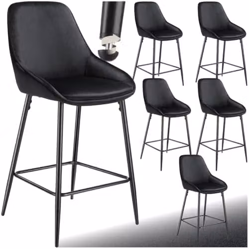 tectake Set of 6 Siera Bar Stools in Black Velvet Look with Metal Legs – 1