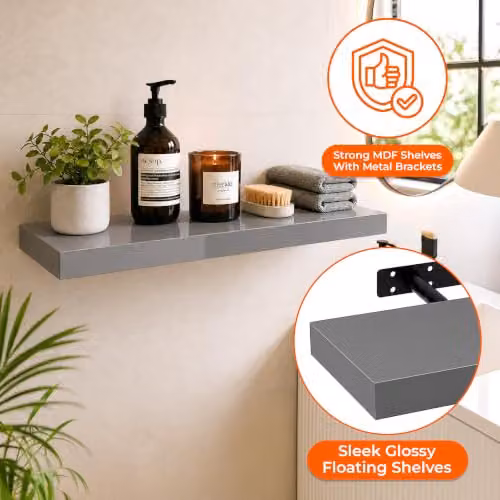 iTrend High Gloss Grey Floating Wall Shelf, Modern MDF Wall Mounted Storage Shelf, W: 60 cm – 3