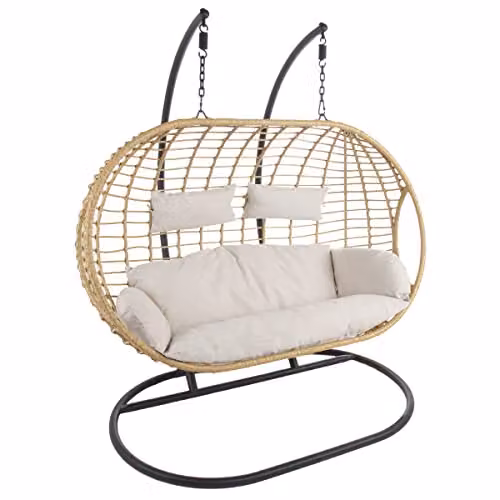 Charles Bentley Double Hanging Rattan Swing Chair in Beige and Sand with Cushions, W/D/H: 127 x 167 x 196 cm – 3