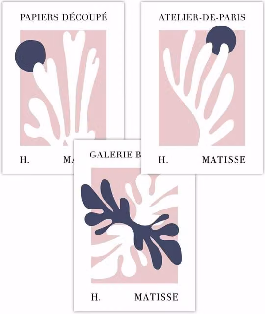 ARTZE Set of 3 Matisse Floral Cut Out Style Art Posters in Blue, Pink and Dusty Pink, W: 50 cm, H: 70 cm