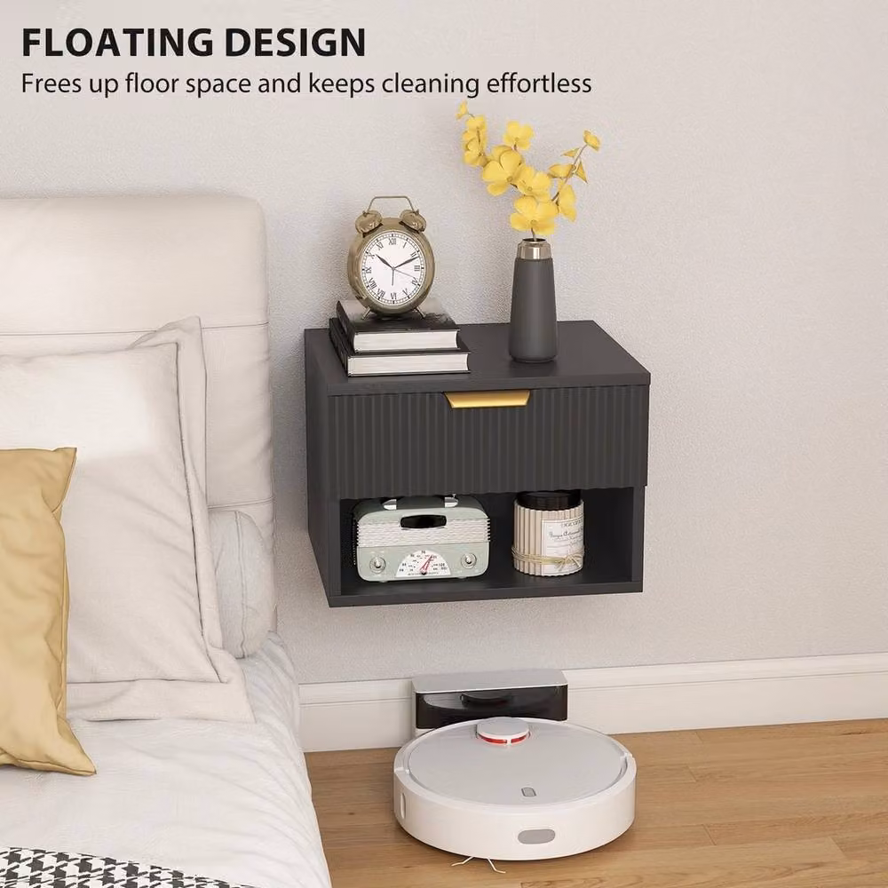 NESTLUNE Set of 2 Black Wall Mounted Floating Nightstands with Soft Close Drawers, W: 100 cm, D: 15 cm – 3