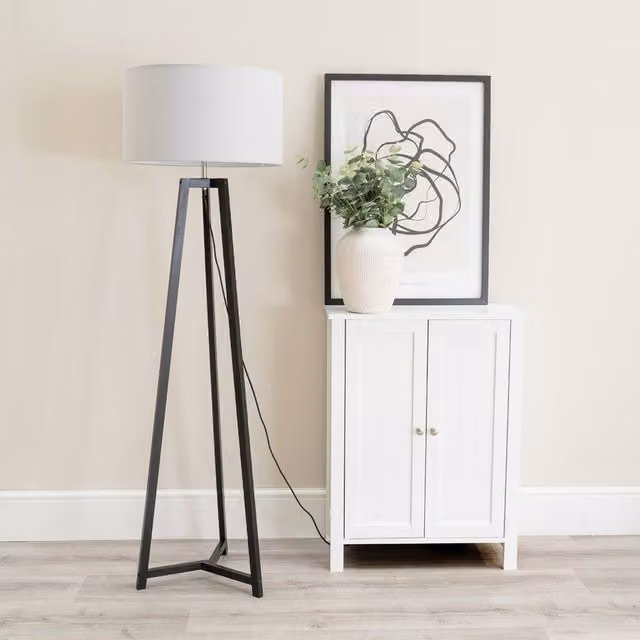 ValueLights Lottie Wood Floor Lamp with Grey Fabric Drum Shade and LED Bulb