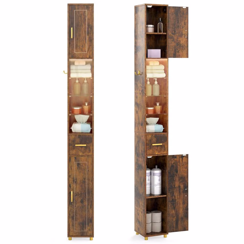 Costway Brown Freestanding Narrow Bathroom Storage Cabinet with 3 Hinged Doors and Internal Shelves, Height: 180 cm – 3