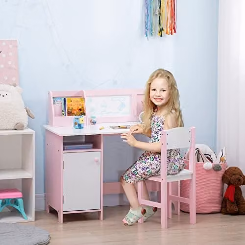 HOMCOM Kids Table and Chair Set with Whiteboard in Pink and White – 2