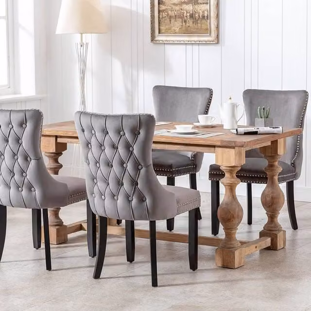 Modern Home Touch Sierra Lux Set of 4 Grey Velvet Tufted Wing Back Dining Chairs with Oak Wood Frames
