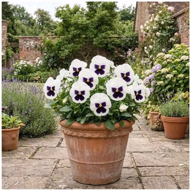 Plants By Post Pansy Delta Pro White Blotch Bedding Plant in a 3L Pot, White and Purple