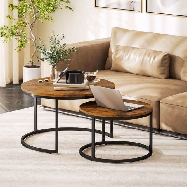 STILVORA Set of 2 Round Nesting Coffee Tables with Industrial Steel Frame in Rustic Brown and Black