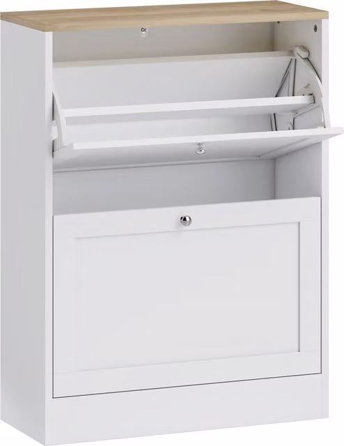 HOMCOM Modern Narrow White Shoe Cabinet with 2 Tilting Compartments and Internal Shelves, W/D/H: 60 x 25 x 80 cm – 1