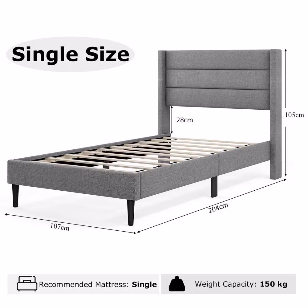Costway Modern Linen Upholstered Single Bed Frame with Headboard in Grey – 3