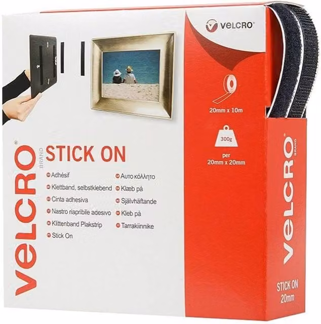 Velcro Brand Self Adhesive Hook and Loop Tape in True Black, W: 2 cm, L: 10 m – 1