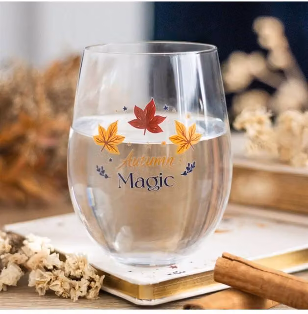 KDMD Autumn Magic Stemless Wine and Cider Glass, 500ml, Transparent and Gold
