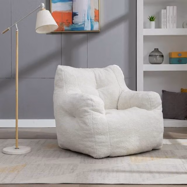 Direct Wicker Ivory Teddy Fabric Bean Bag Chair with Shredded Memory Foam