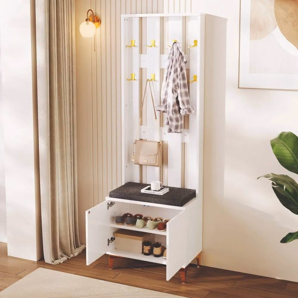 FORGEVIO Modern Hallway Furniture Set in White and Gold with Wardrobe, Coat Rack and Shoe Cabinet – 2