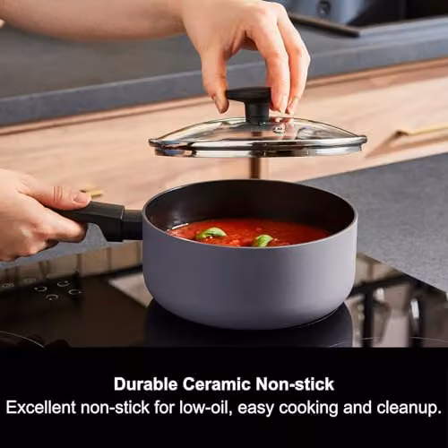 Morphy Richards 5-Piece Aluminium and Ceramic Saucepan and Frying Pan Set in Grey – 1
