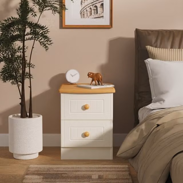 Warwick Ready Assembled 2 Drawer Bedside Cabinet in Cream Ash and Modern Oak