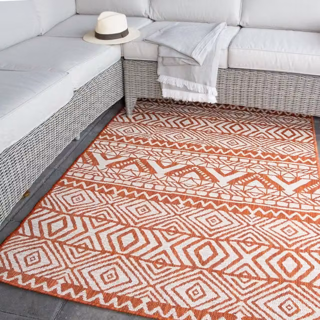 The Rug House Orange Aztec Tribal Flatweave Indoor Outdoor Rug, W: 170 cm, D: 120 cm
