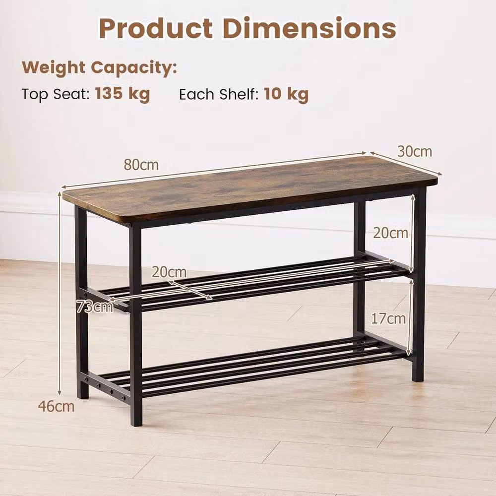 KORVIXA 3 Tier Shoe Rack Bench in Brown Rustic Wood and Metal – 2