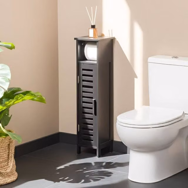 Wyld and Coco Black Bamboo Wall Mounted Modern Bathroom Storage Unit with Shelves and Hinged Doors – 1