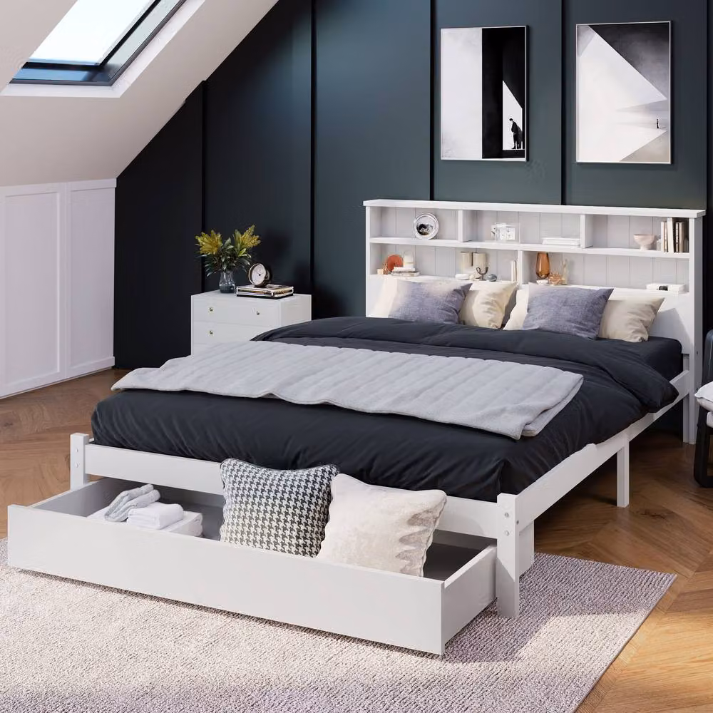 ModernLuxe White Wooden Bed Frame with Storage Headboard and Drawers, Size: 140 x 200 cm – 2