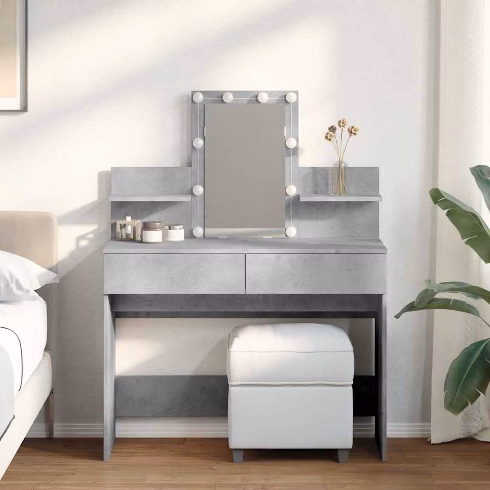 Berkfield Home Beautiful Modern Dressing Table with Hollywood LED Mirror in Concrete Grey W/D/H: 100 x 40 x 130 cm – 2