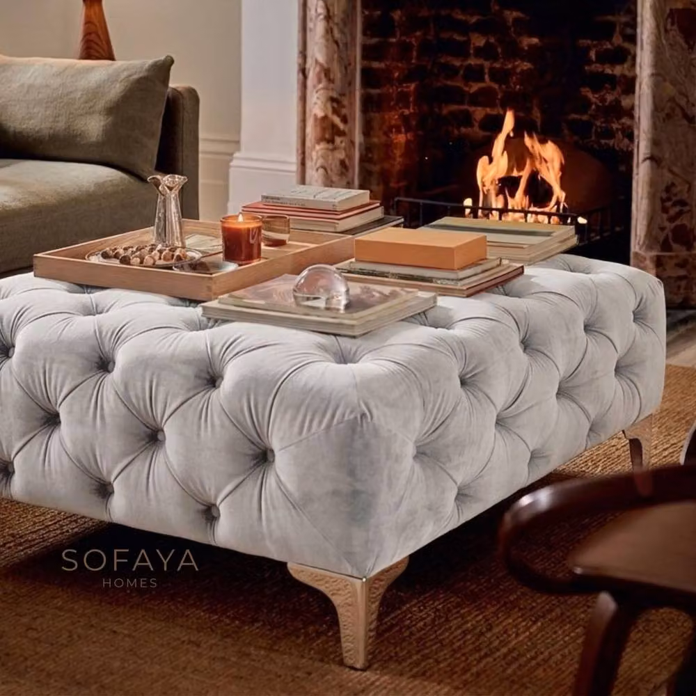 Sofaya Monaco Chesterfield Velvet Foot Stool and Coffee Table in Light Grey, W: 100 cm, D: 80 cm, H: 80 cm – 2