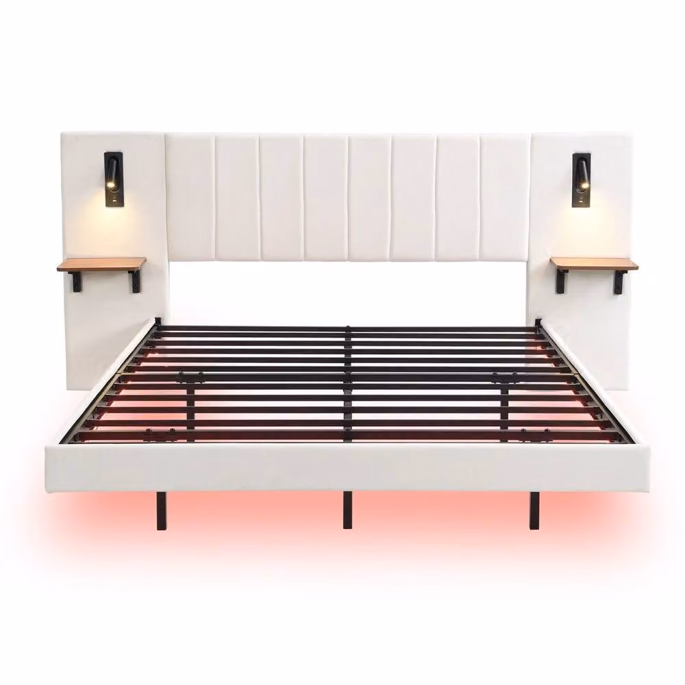 FORGEVIO Plush Velvet Upholstered Cot Bed Frame in White with Integrated Reading Light – 2