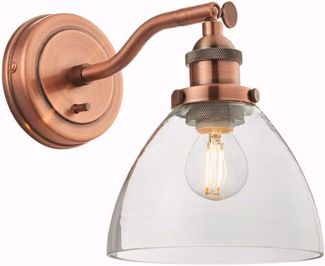 Endon Hansen Industrial Wall Light with Clear Glass Dome and Copper Finish, E14