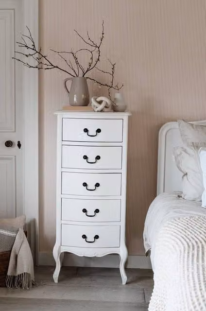 Statement Furniture Juliette Vintage Chic 5 Drawer Tallboy in White – 1