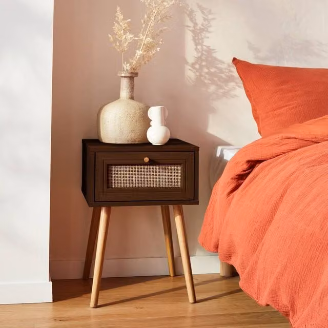 sweeek Woven Rattan Bedside Table with Drawer in Dark Brown