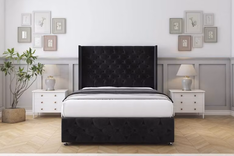 Sloomy Luthor Naples Divan Set with Wingback Headboard and Footboard in Black, Super King, W/D/H: 200 x 200 cm