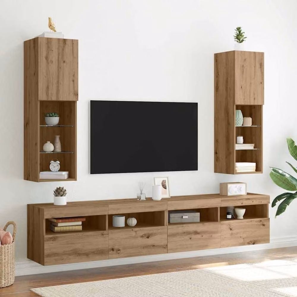 Berkfield Home Set of 2 Artisan Oak TV Cabinets with LED Lights in Brown, W/D/H: 30.5 x 30 x 102 cm – 2