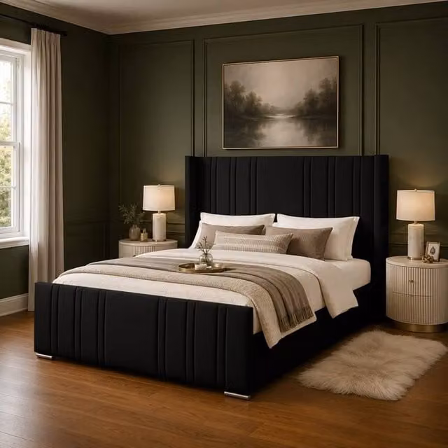 Desire Deco Luxury Gerald Wingback Upholstered Bed Frame in Black Velvet, Size: Super King (200 x 200 cm)