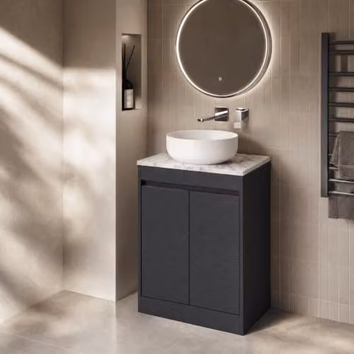 Balterley Modern 2 Door Handleless Bathroom Vanity Unit with Worktop and LED Lighting, Grey, W/D/H: 62 x 39.5 x 83.5 cm – 4