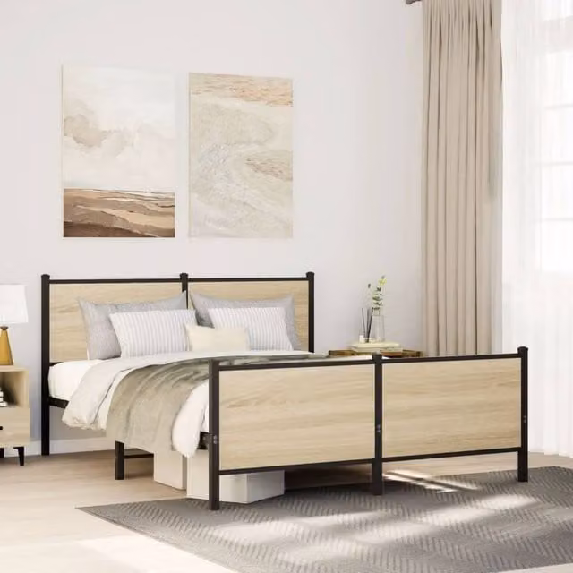 Berkfield Home Metal Bed Frame in Sonoma Oak Natural, W/D/H: 140 x 190 cm