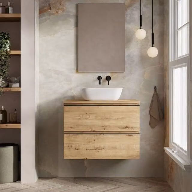 Banyetti Vatilla 800mm Wall Hung Vanity with Matching Worktop in Ostippo Light Oak