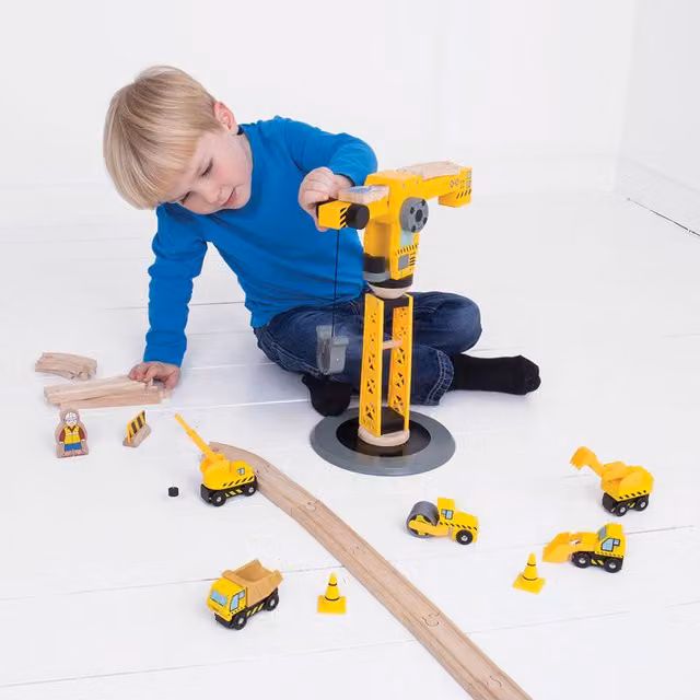 Bigjigs Rail Yellow Wooden Stacking Crane Construction Set Accessory